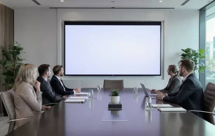 Salle de conférence moderne avec visioconférence pour équipes hybrides