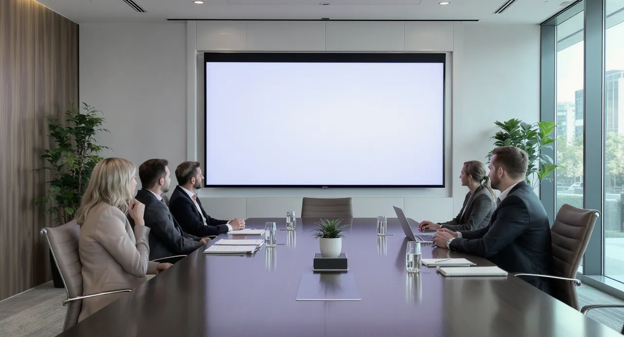 Salle de conférence moderne avec visioconférence pour équipes hybrides