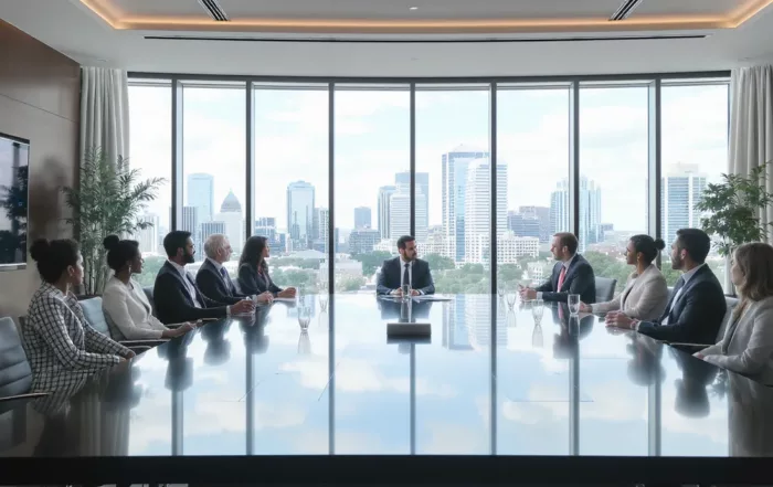 Salle de réunion professionnelle avec vue sur Montréal