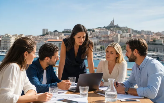 Réunion d'équipe en extérieur au Vieux-Port de Marseille