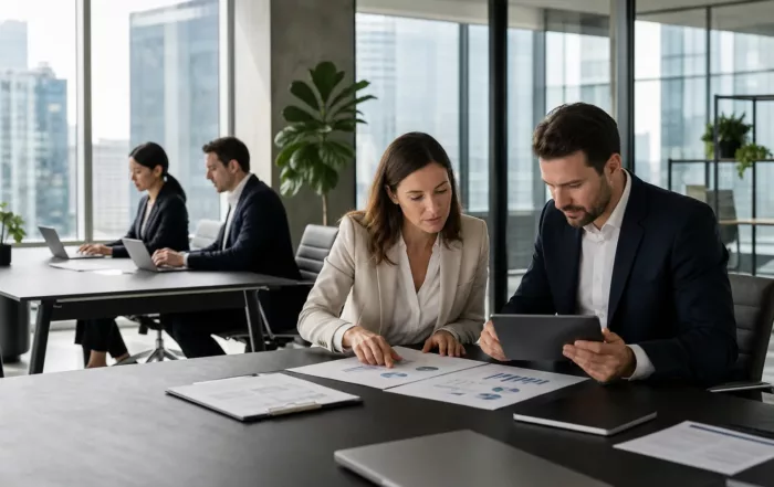 Centre d’affaires moderne à Montréal avec professionnels et technologie