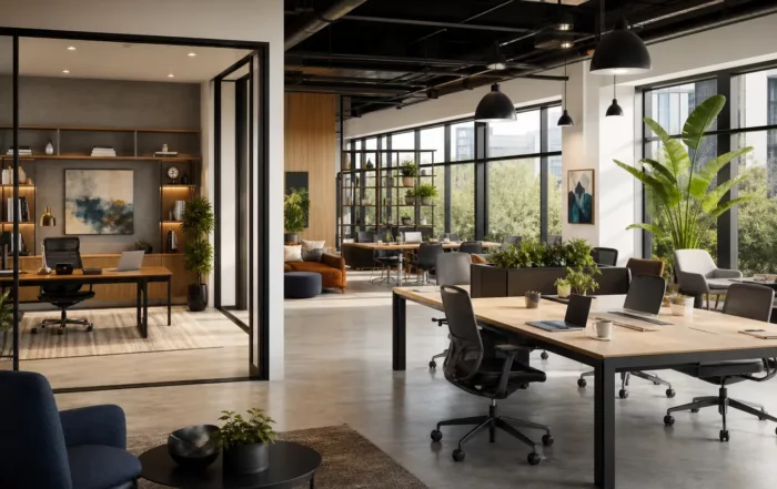 Espace de coworking avec bureaux privés et partagés modernes