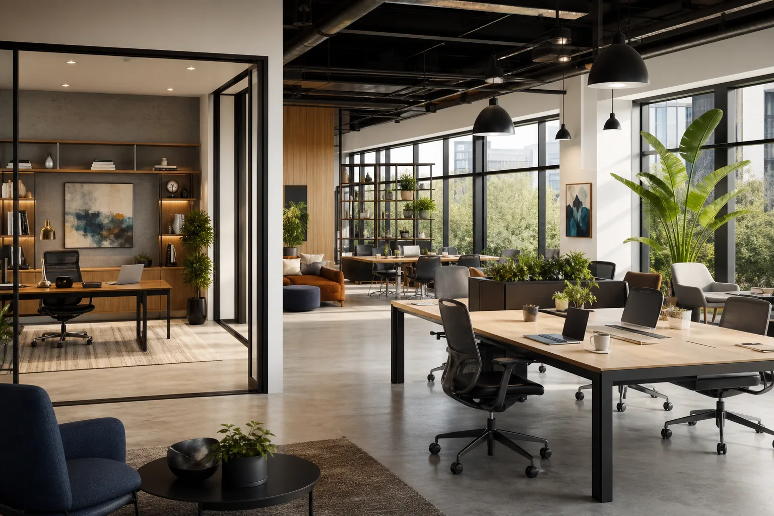 Espace de coworking avec bureaux privés et partagés modernes