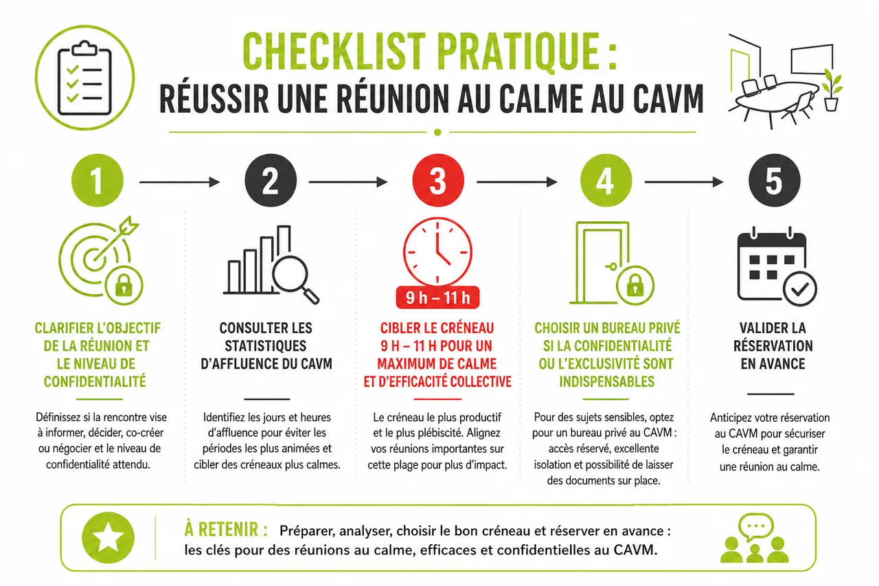 Réunion matinale ou en fin de journée : à quelle heure réserver pour être au calme ? , Checklist pratique : réussir une réunion au calme au CAVM