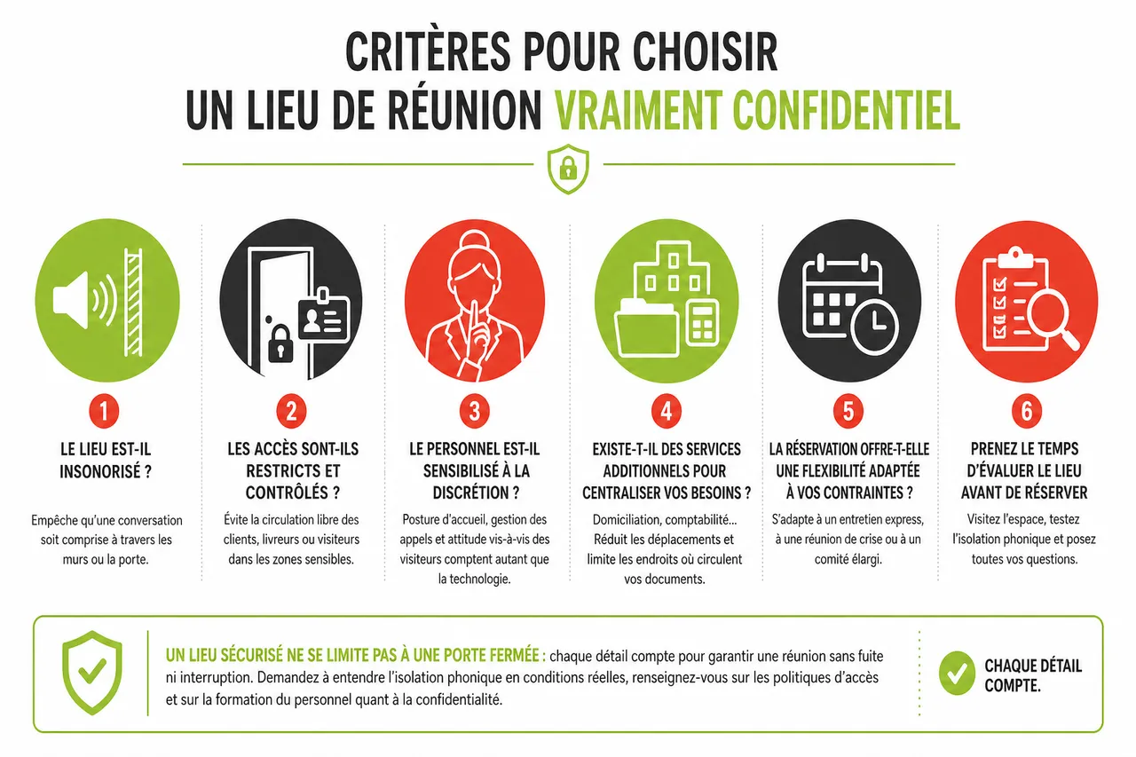 Réunion confidentielle à Montréal : où parler affaires sans être entendu ? , Critères pour choisir un lieu de réunion vraiment confidentiel
