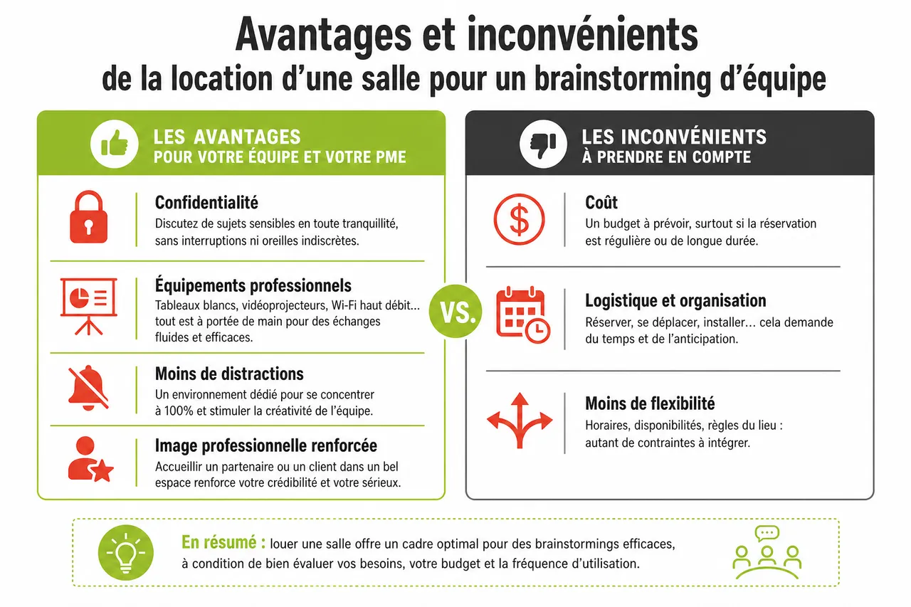 Faut-il vraiment louer une salle pour un brainstorming d'équipe? , Avantages et inconvénients de la location d’une salle pour un brainstorming d’équipe