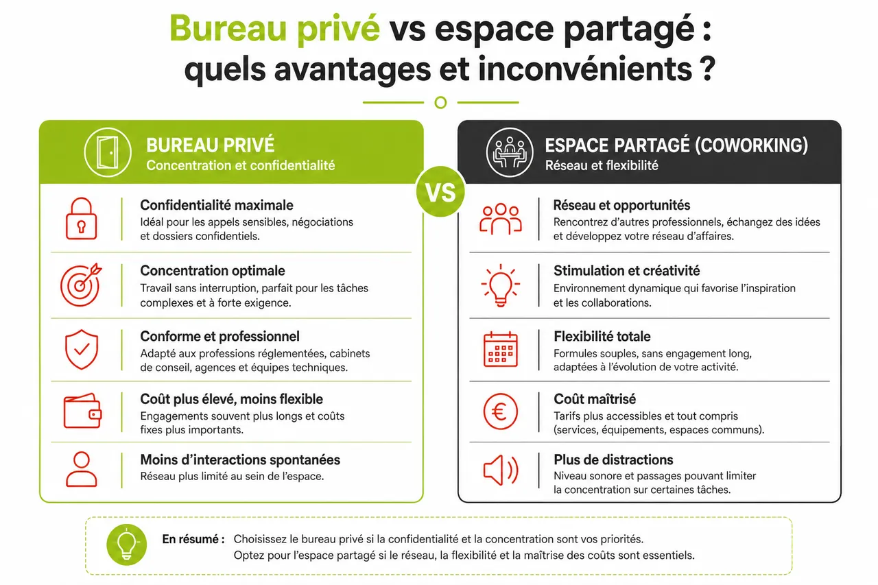 Bureau privé ou espace partagé: quel format est le plus adapté à votre activité en 2026 , Bureau privé vs espace partagé: quels avantages et inconvénients?