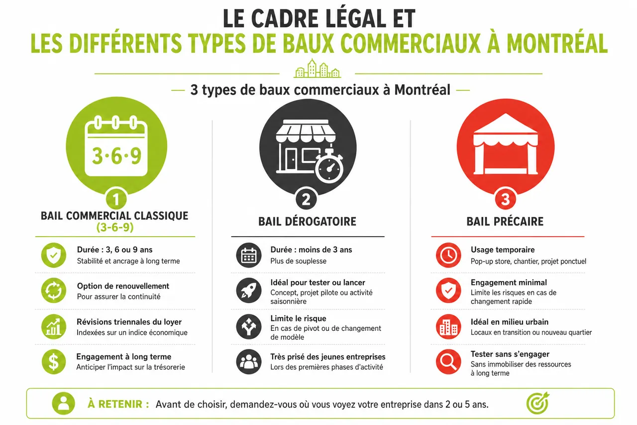 Les clauses essentielles à négocier dans un bail commercial à Montréal en 2026 , Le cadre légal et les différents types de baux commerciaux à Montréal