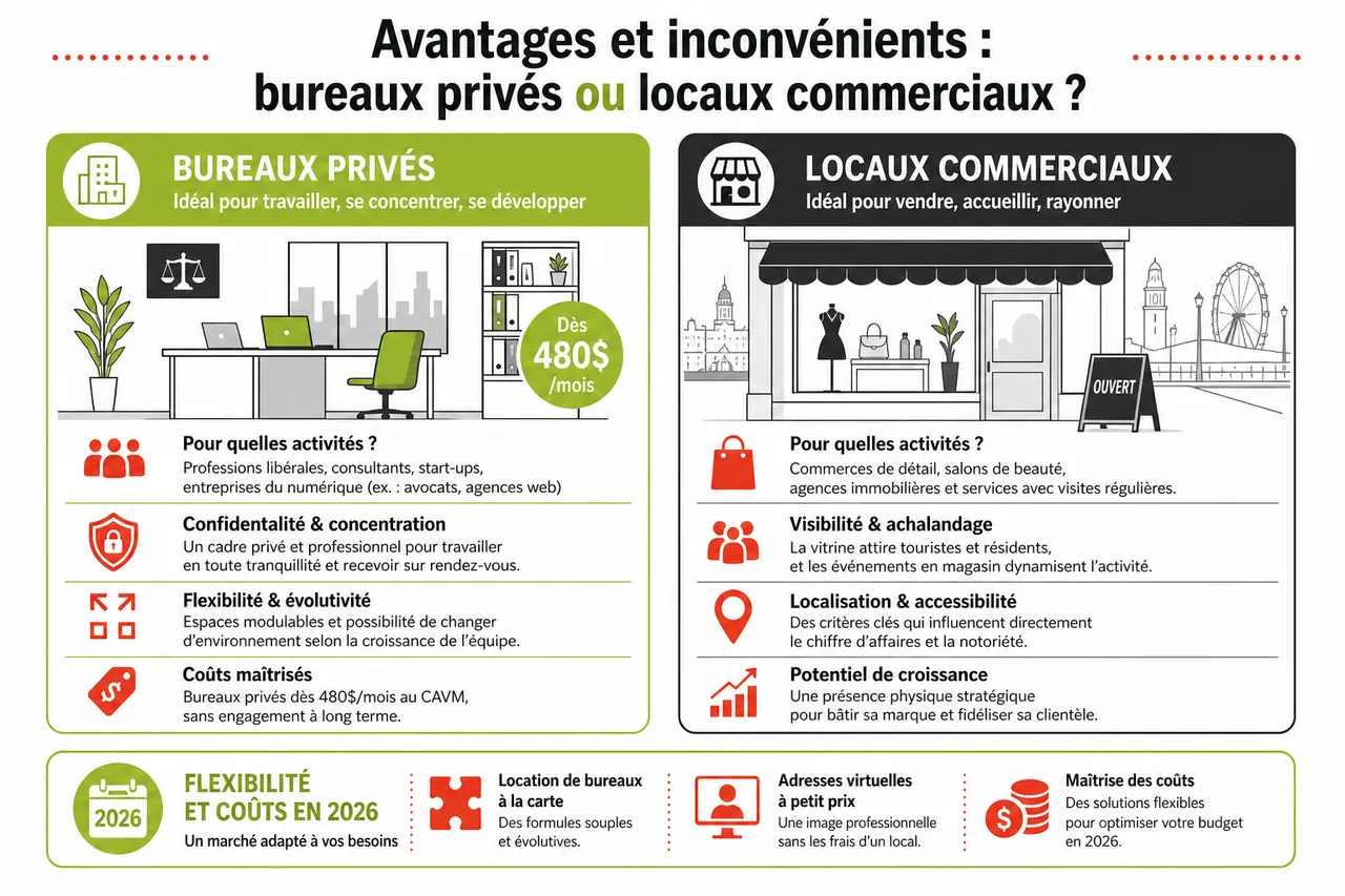Bureau ou local commercial: comment choisir selon votre activité en 2026 , Avantages et inconvénients: bureaux privés ou locaux commerciaux?