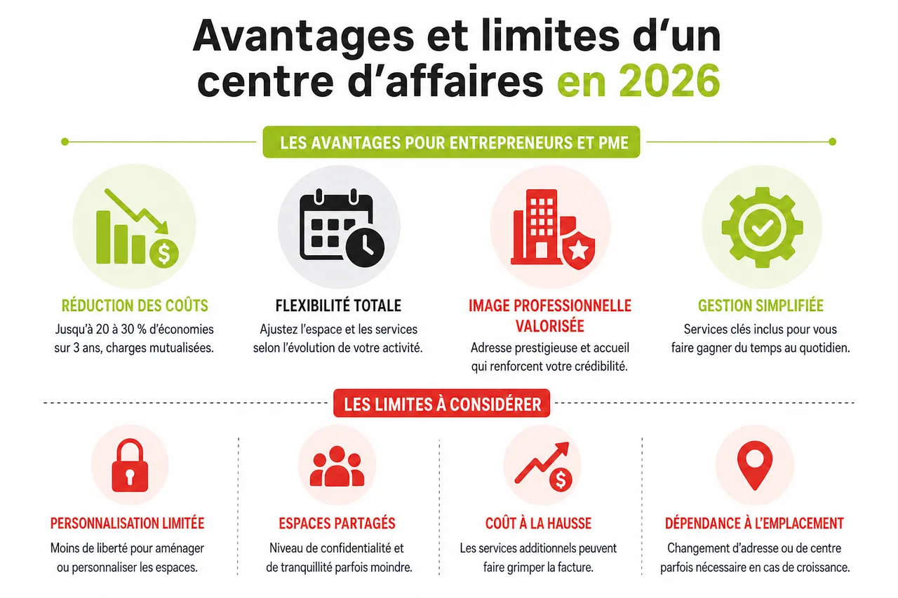 Centre d’affaires pour entrepreneurs: fonctionnement, avantages et limites à connaître en 2026 , Avantages et limites d’un centre d’affaires en 2026