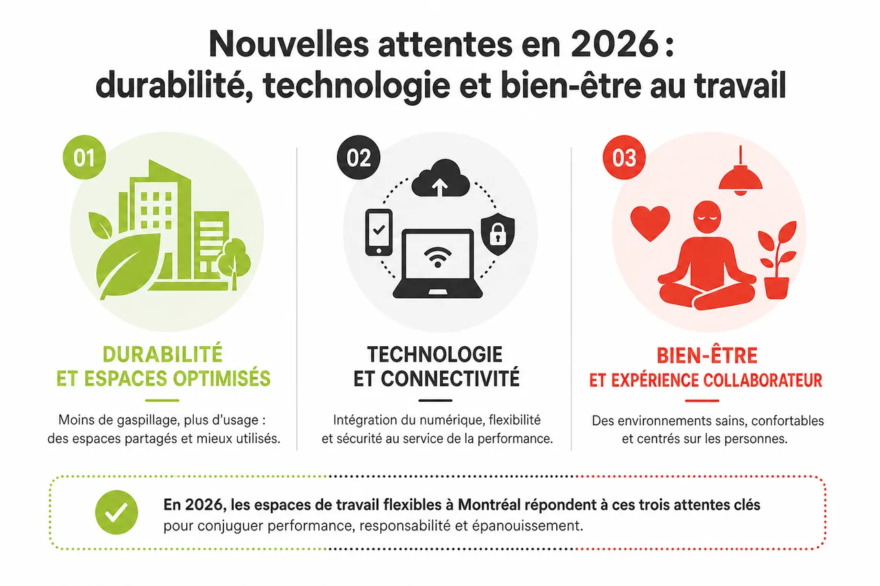 Location d’un espace de travail flexible à Montréal: comment garder de la souplesse en 2026 , Nouvelles attentes en 2026: durabilité, technologie et bien-être au travail