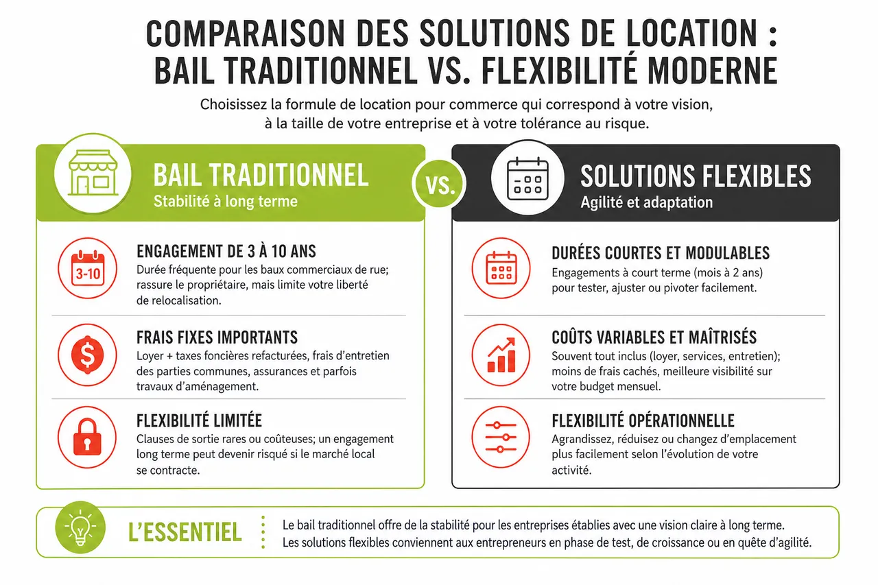 Comment négocier efficacement la location commerciale de votre première boutique à Montréal en 2026 , Comparaison des solutions de location: bail traditionnel vs. flexibilité moderne
