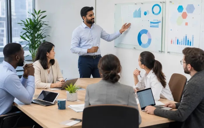 Salle de réunion vide avec équipe en brainstorming improvisé