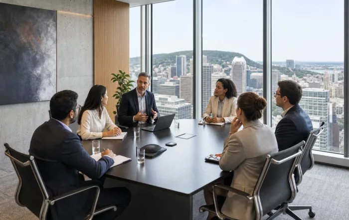 Salle de réunion professionnelle avec clients internationaux à Montréal