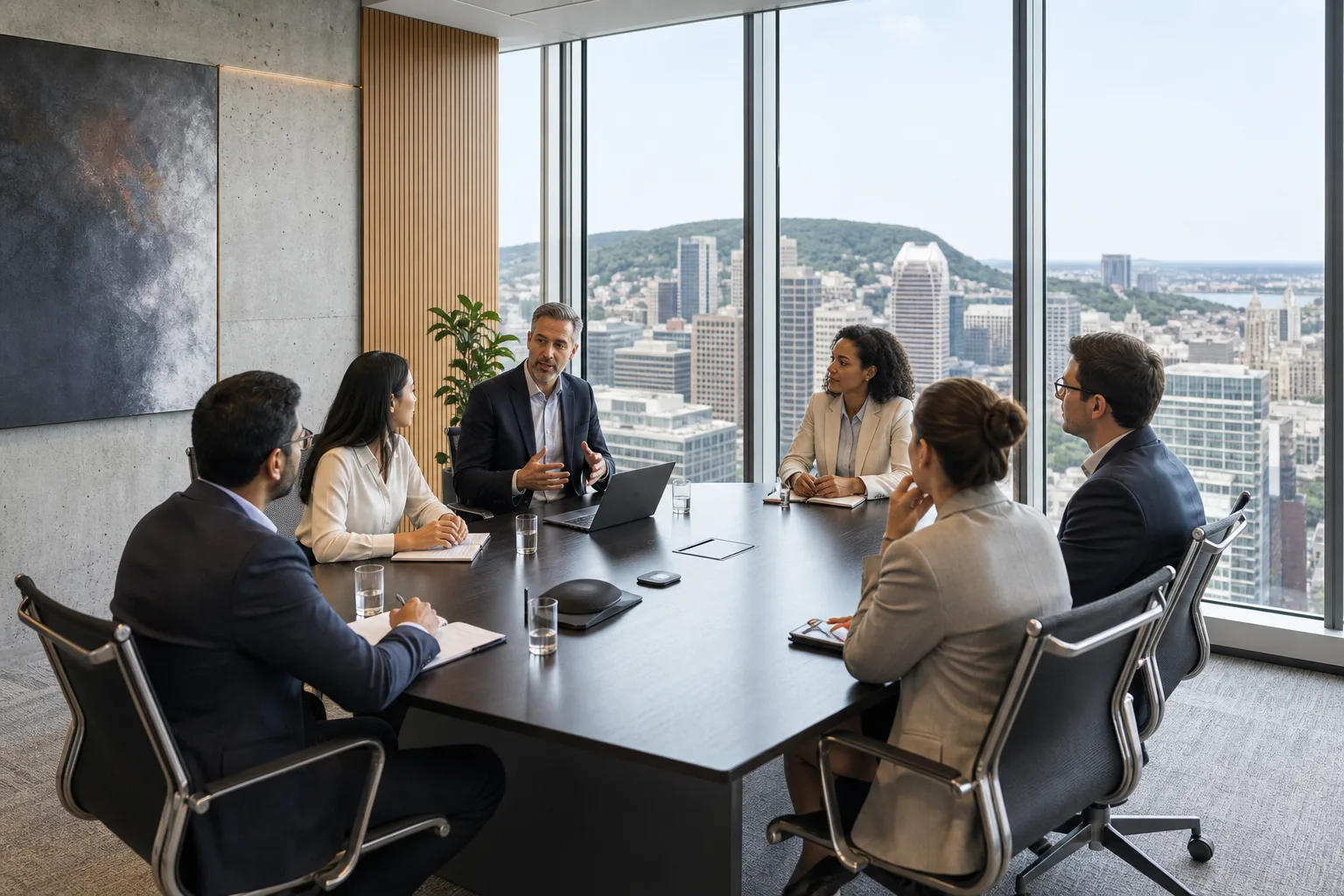 Salle de réunion professionnelle avec clients internationaux à Montréal