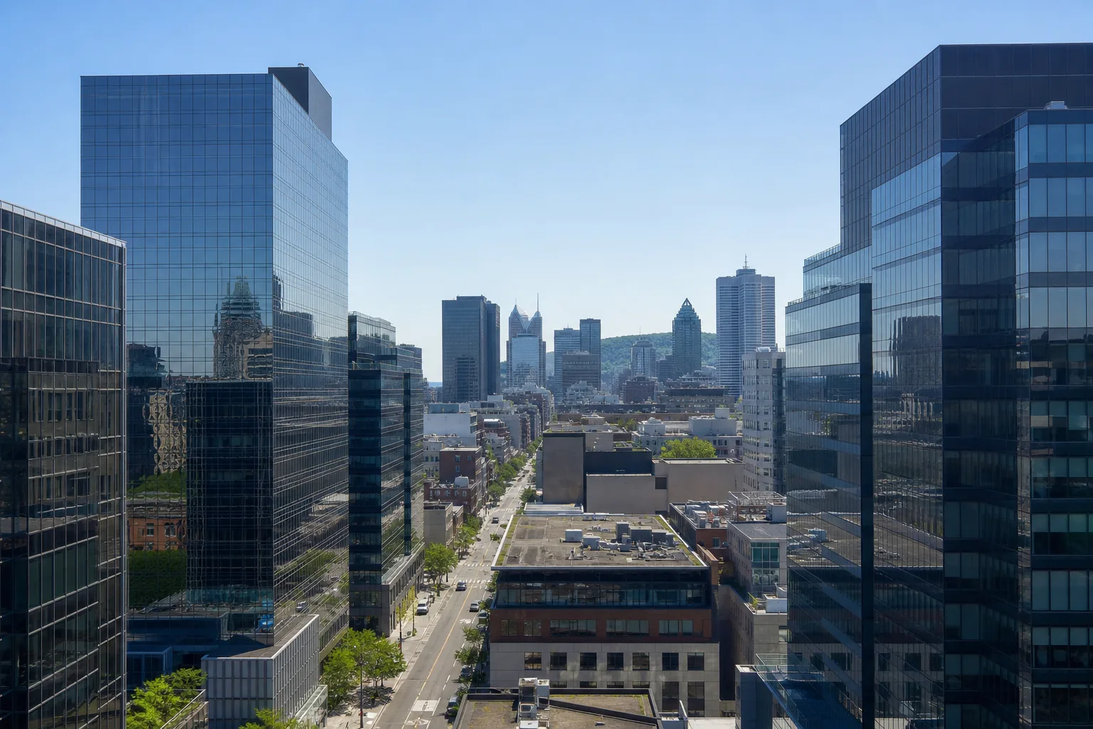 Quartier d'affaires à Montréal avec immeubles modernes et bureaux