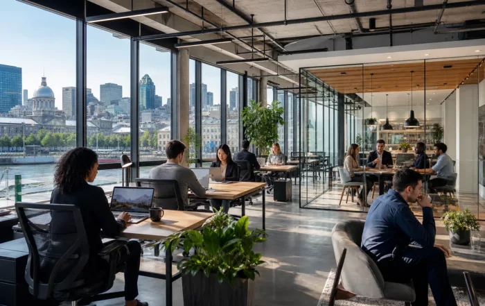 Espace de coworking moderne avec clients et bureaux fermés à Montréal