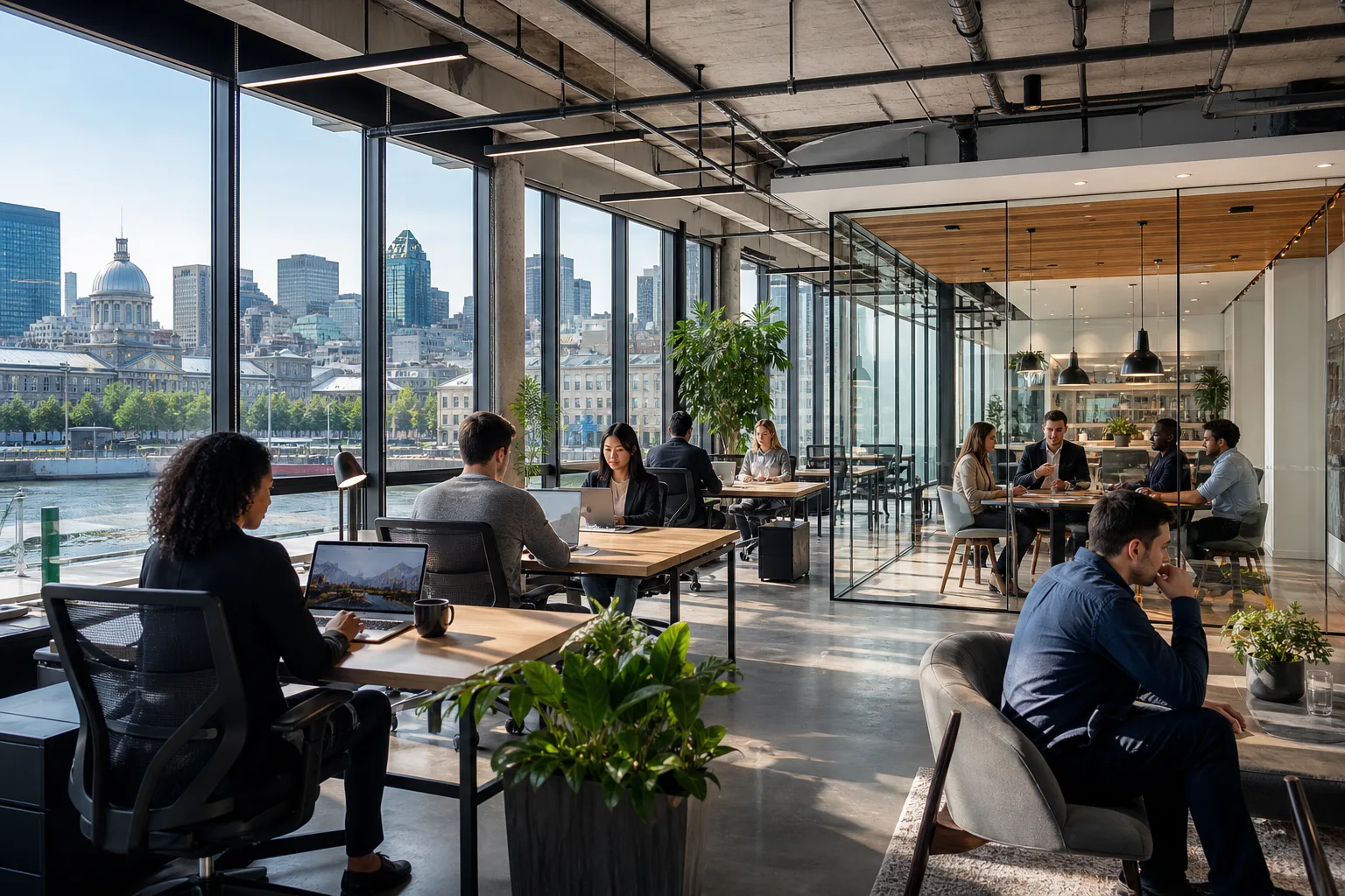 Espace de coworking moderne avec clients et bureaux fermés à Montréal