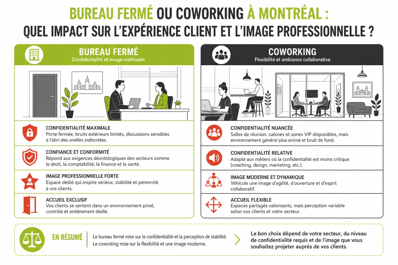 Bureau fermé ou coworking à Montréal: que choisir quand on voit souvent des clients en 2026 , Avantages et inconvénients: quel impact sur l’expérience client et l’image professionnelle?