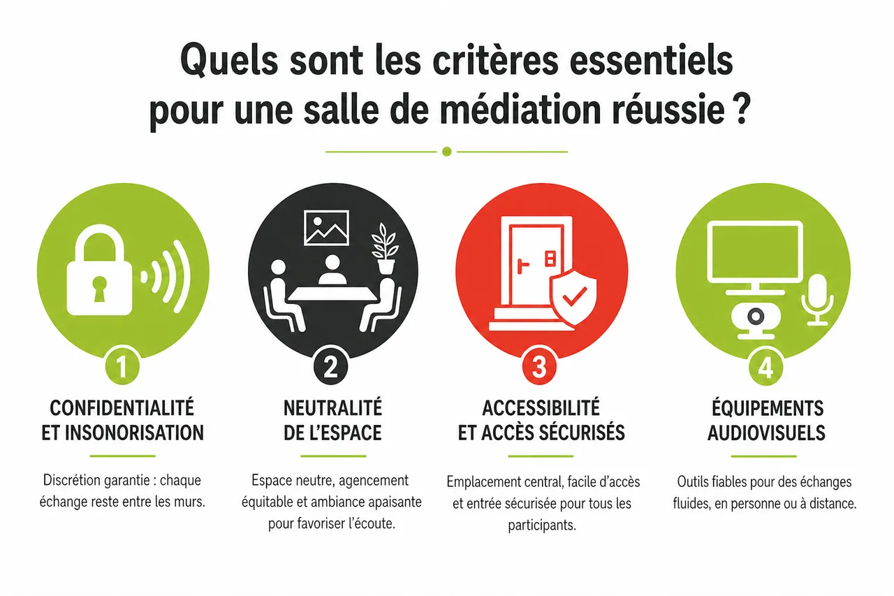 Où louer une salle neutre pour médiation ou rencontre sensible à Montréal en 2026 , Quels sont les critères essentiels pour une salle de médiation réussie?