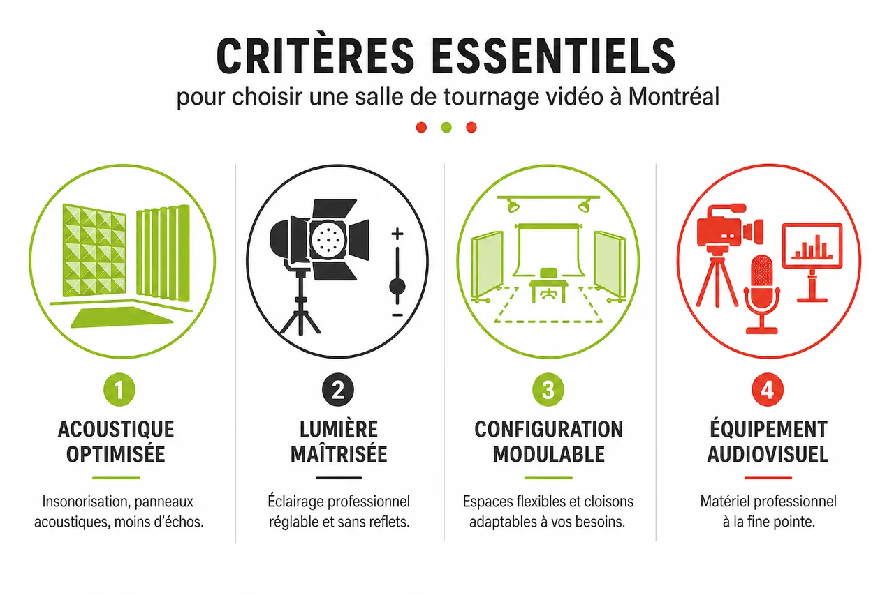 Louer une salle pour tournage vidéo ou webinaire à Montréal: critères essentiels en 2026 , Critères essentiels pour choisir une salle de tournage vidéo à Montréal