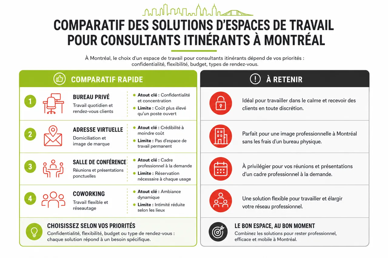 Espace de travail pour consultants itinérants à Montréal: conseils pour rester professionnel en 2026 , Comparatif des solutions d’espaces de travail pour consultants itinérants