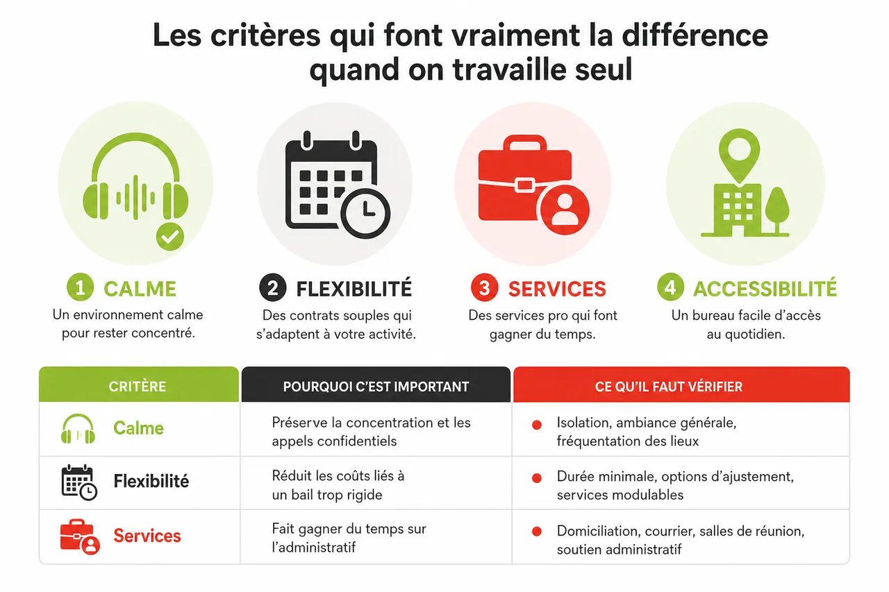 Bureaux privés à Montréal, 5 critères pour trouver un espace calme et professionnel quand on travaille seul , Les critères qui font vraiment la différence quand on travaille seul