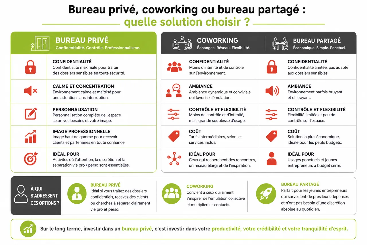 Bureaux privés à Montréal, 5 critères pour trouver un espace calme et professionnel quand on travaille seul , Bureau privé, coworking ou bureau partagé: quelle solution choisir?