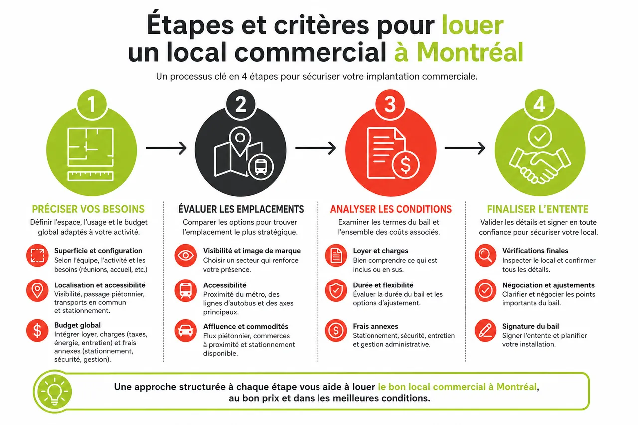 Location de locaux pour commerce à Montréal, étapes clés pour sécuriser votre implantation , Étapes et critères pour louer un local commercial à Montréal