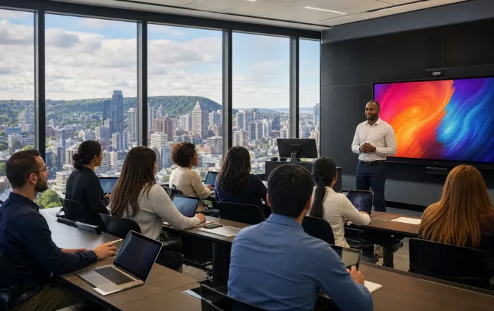 Salle de formation informatique moderne avec équipements technologiques avancés