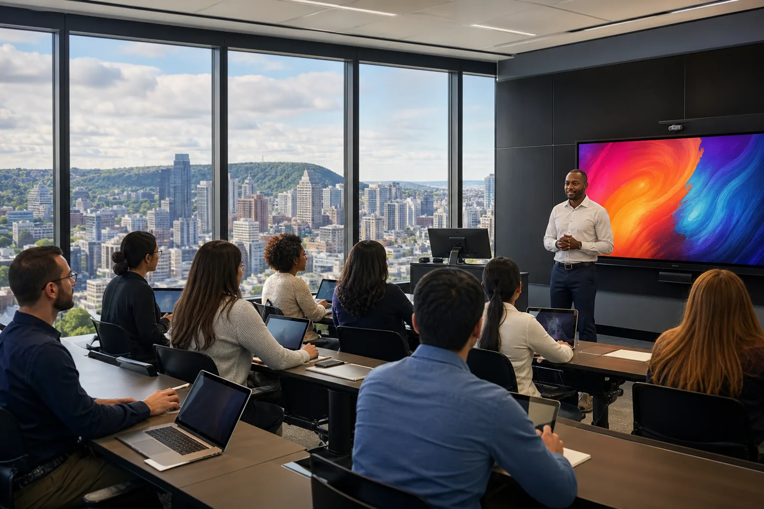 Salle de formation informatique moderne avec équipements technologiques avancés