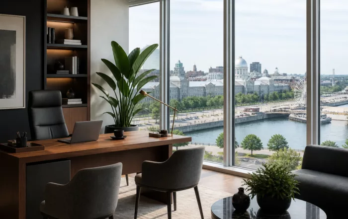 Bureau avec vue sur Montréal pour réunions et concentration efficaces