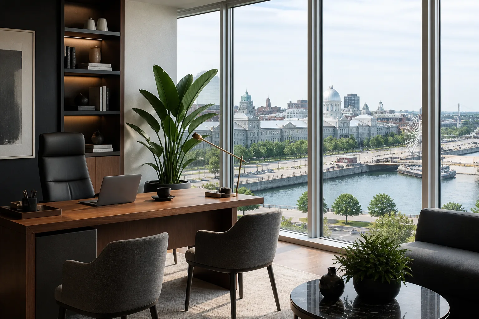 Bureau avec vue sur Montréal pour réunions et concentration efficaces