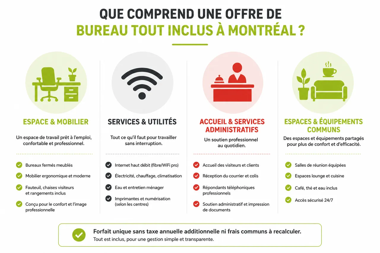 Bureau tout inclus à Montréal, que recouvre vraiment le « tout compris » et comment comparer les offres? , Que comprend une offre de bureau tout inclus à Montréal?