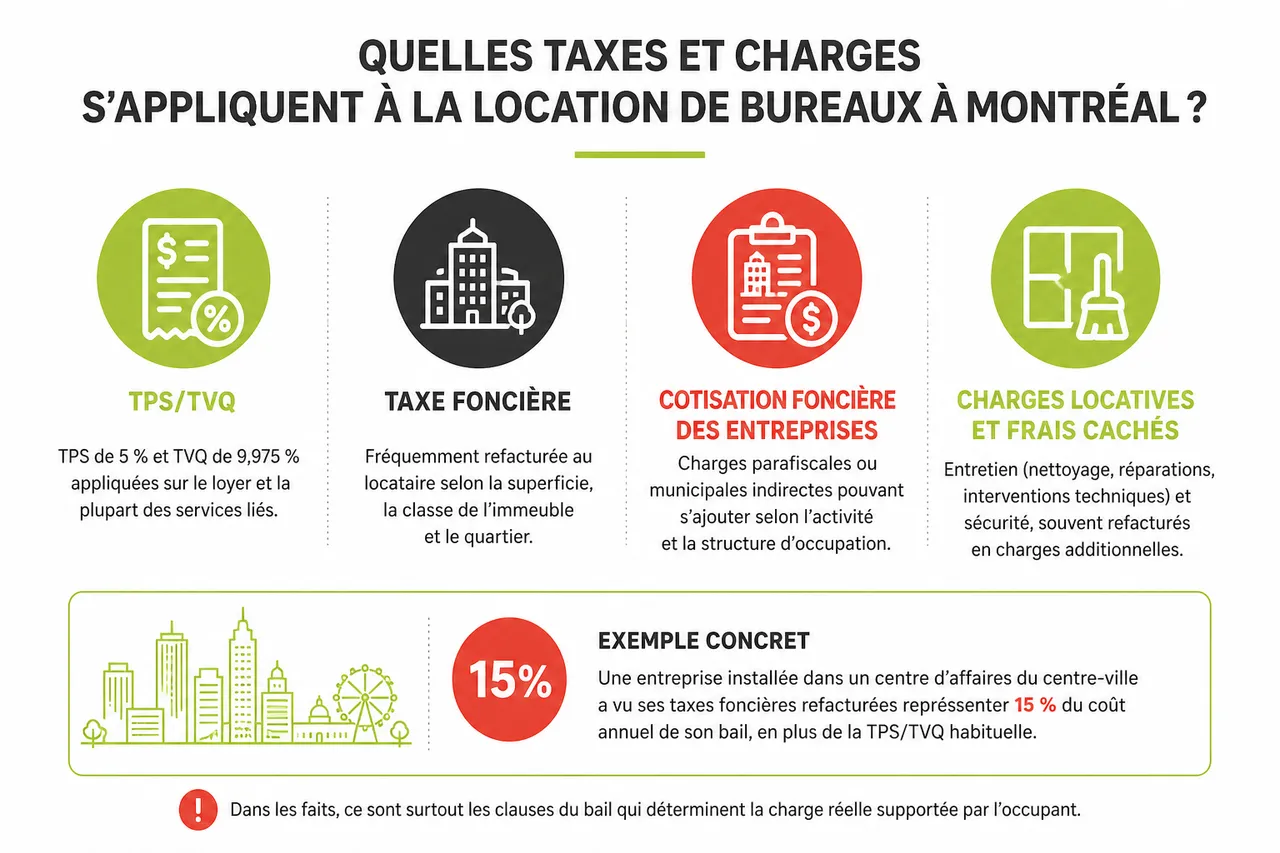 Fiscalité et charges liées à la location de bureau à Montréal, ce que les entrepreneurs oublient souvent dans leur budget , Quelles taxes et charges s’appliquent à la location de bureaux à Montréal?