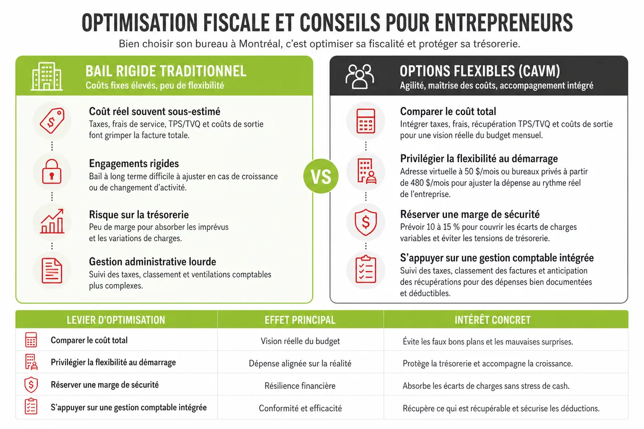 Fiscalité et charges liées à la location de bureau à Montréal, ce que les entrepreneurs oublient souvent dans leur budget , Optimisation fiscale et conseils pour entrepreneurs