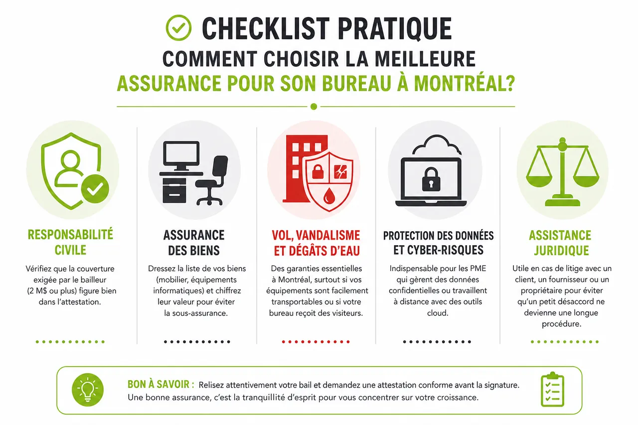 Assurance pour locataire de bureau à Montréal, quelles protections prévoir quand on s’installe dans un nouveau local? , Checklist pratique: comment choisir la meilleure assurance pour son bureau à Montréal?