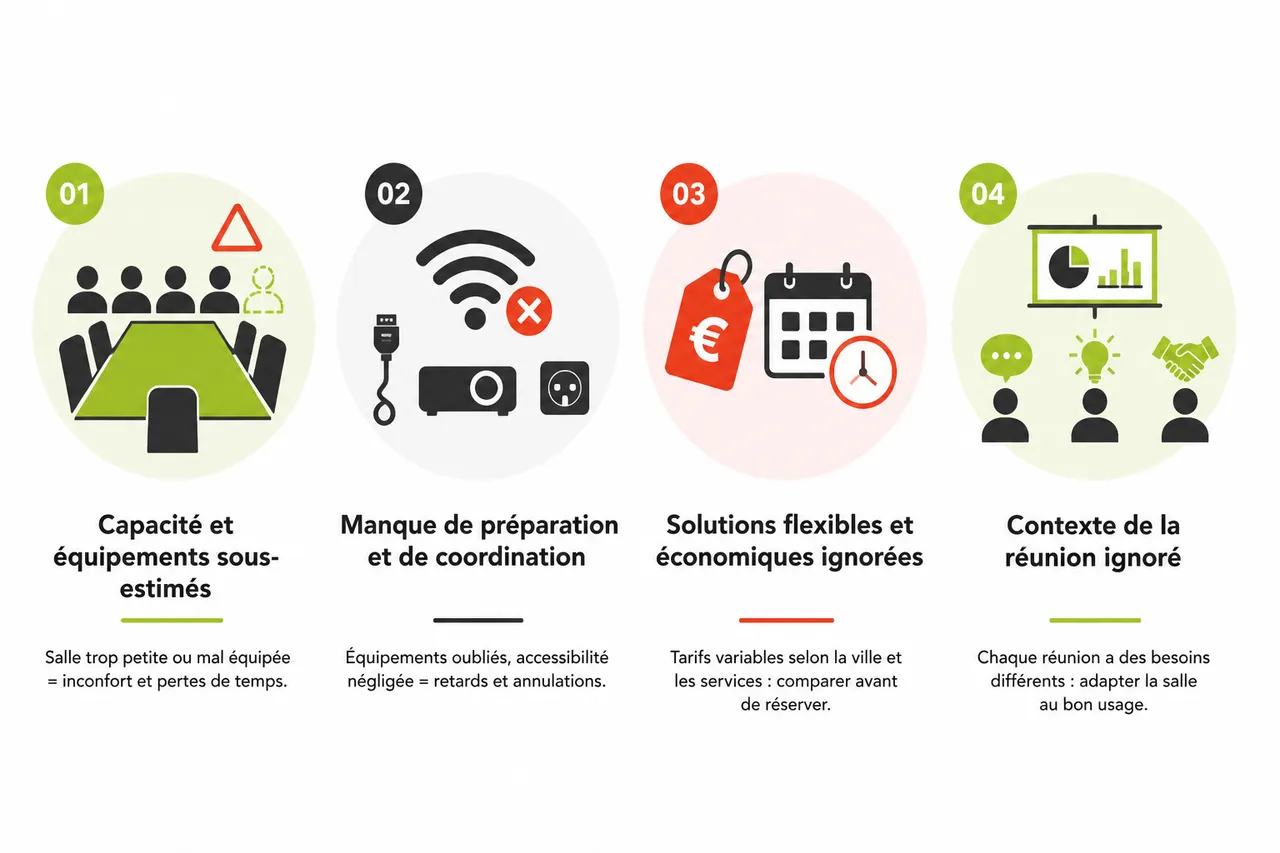 Salles de réunion: erreurs courantes lors du choix de la salle idéale , Erreurs courantes lors de la réservation et de l’utilisation d’une salle de réunion