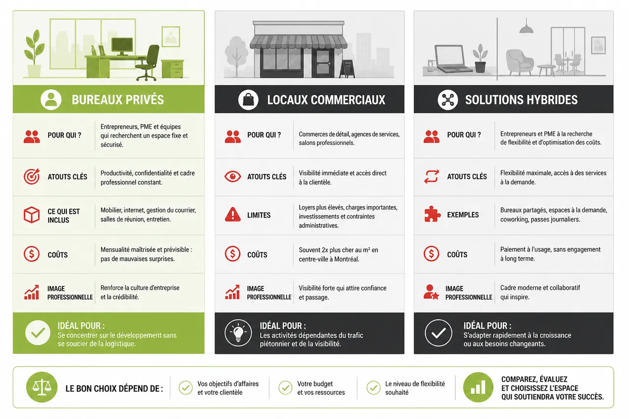 Bureau et locaux: comment comparer efficacement pour faire le bon choix , Comparatif des types d’espaces: bureaux privés, locaux commerciaux, solutions hybrides
