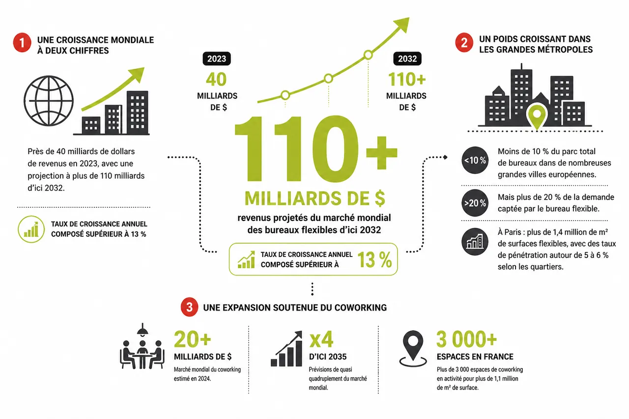 Bureaux pour entreprise: configurations qui favorisent la collaboration en 2026 , Cinq chiffres clés pour comprendre la montée des bureaux flexibles
