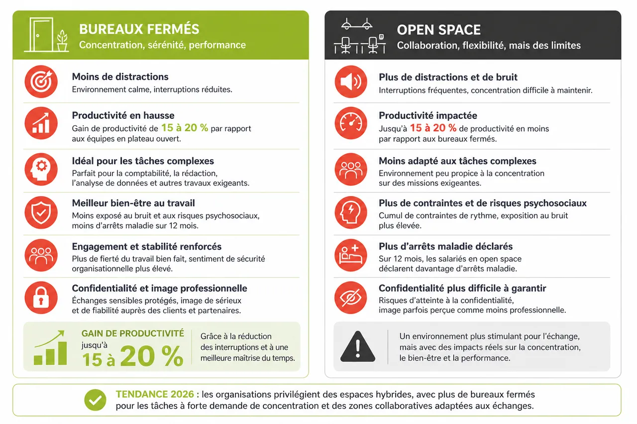 Bureaux fermés ou espaces ouverts: quel environnement privilégier en 2026 , Bureaux fermés vs open space: avantages, inconvénients et tendances en 2026