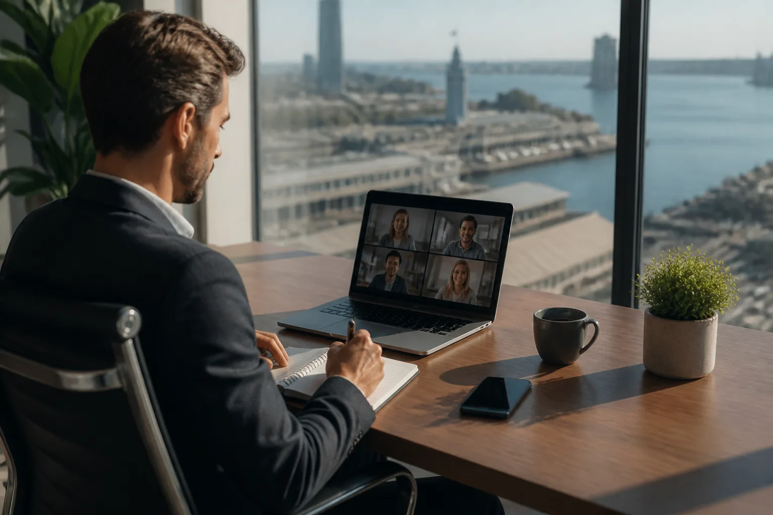 Bureau moderne avec logo d'entreprise et skyline de Montréal