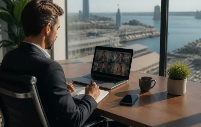Bureau moderne avec logo d'entreprise et skyline de Montréal