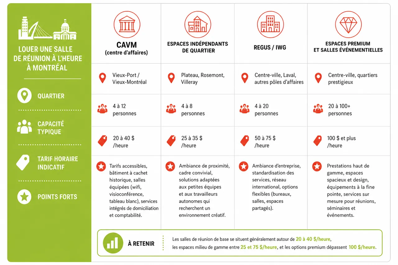 Louer une salle de réunion à l'heure à Montréal: pour qui et dans quels cas , Comparatif des offres de location de salles de réunion à l'heure à Montréal