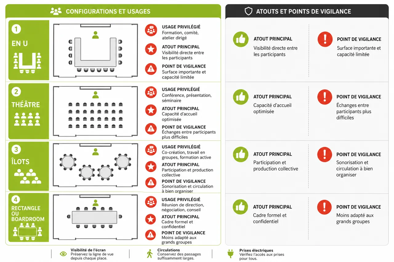 Disposition en U, théâtre, îlots: quel aménagement choisir? , Comparatif des principales configurations: en U, théâtre, îlots et autres