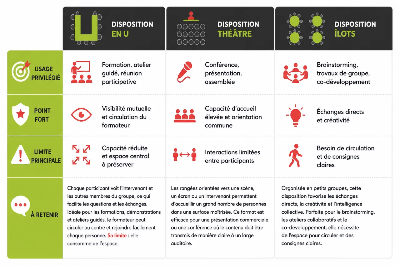 Disposition en U, théâtre, îlots: quel aménagement choisir? , Les principaux types de disposition: avantages, inconvénients et usages