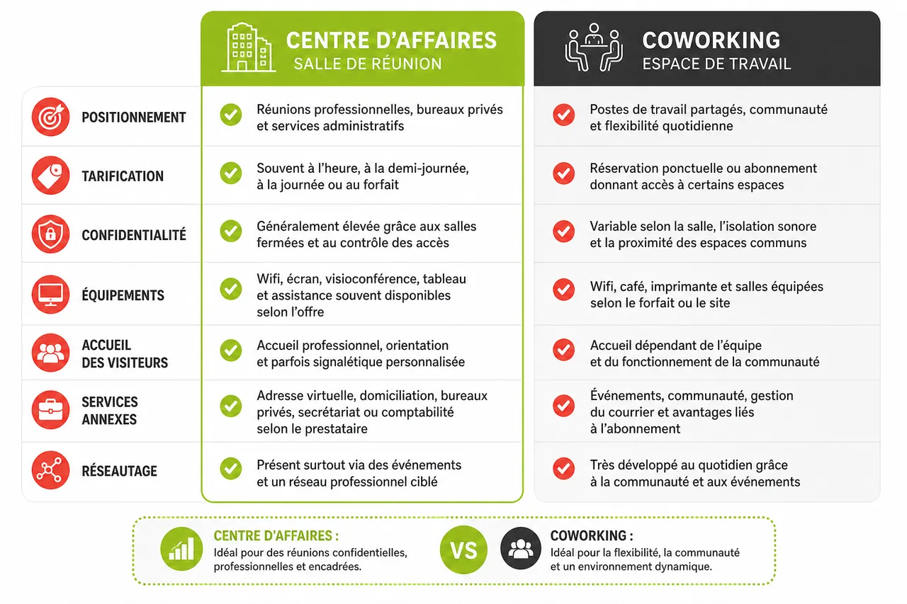 Salle de réunion en centre d'affaires vs espace de coworking , Comparaison détaillée: services, tarifs et flexibilité