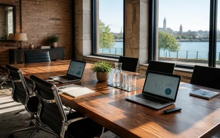 Salle de réunion professionnelle avec équipements modernes et technologiques