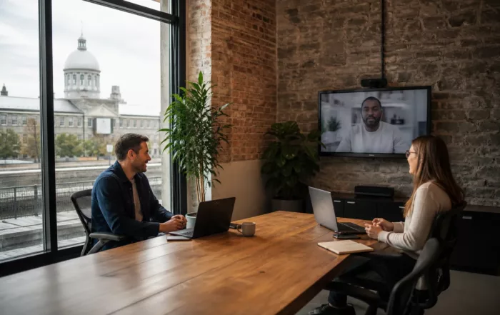 Salle de visioconférence moderne pour réunions hybrides professionnelles
