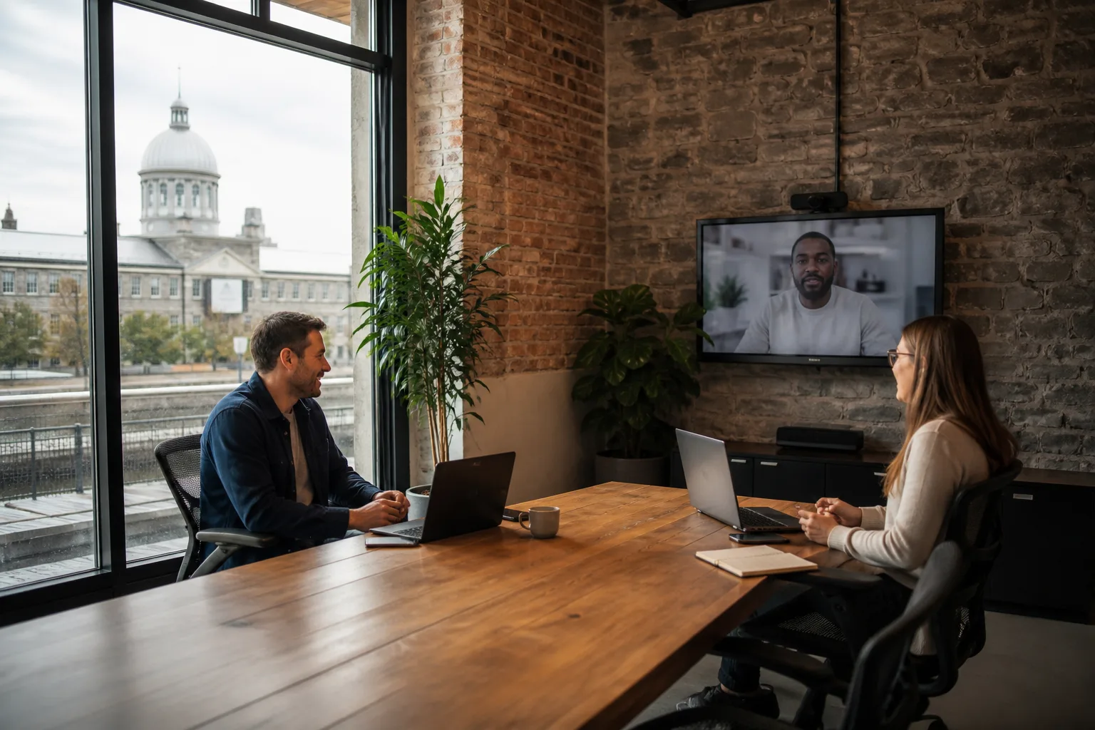 Salle de visioconférence moderne pour réunions hybrides professionnelles